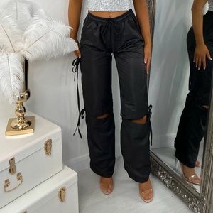 Lace Up Detail Black Parachute Pants